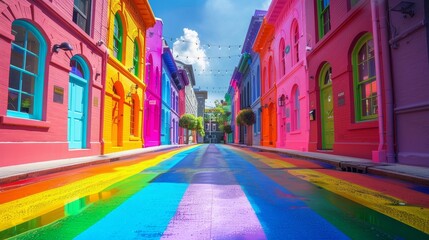 Fototapeta premium A vibrant street lined with colorful houses, featuring a rainbow painted road leading to a clear blue sky.