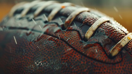 An extreme close-up of an American football, highlighting the texture and laces with dramatic lighting that enhances the rugged detail.
