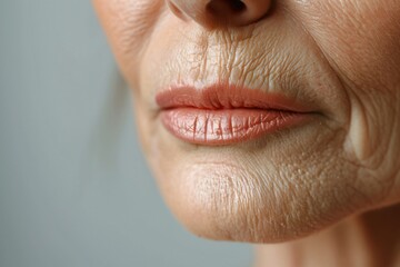 A close-up shot of a middle-aged womans chin and lips, showcasing wrinkles and lines