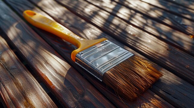 The paintbrush on wooden deck