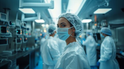 Female medical worker wearing scrubs in operating room preparing for a surgery