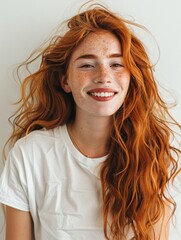 A young woman with long, wavy red hair smiles brightly at the camera