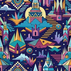 Seamless pattern of glitched-out geometric shapes and abstract patterns, creating an otherworldly atmosphere, Generative AI