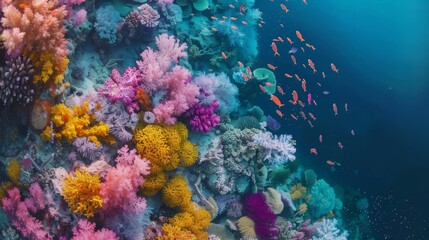 Naklejka premium Design an aerial scene of a vibrant coral reef, showing the diverse marine life and the colorful underwater landscape, emphasizing the beauty and fragility of coral ecosystems.