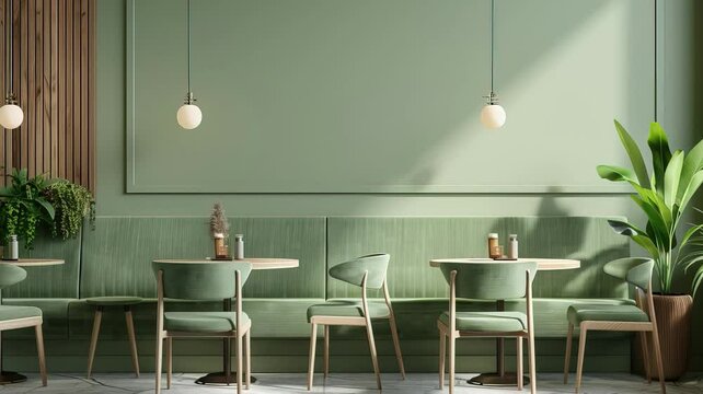 Interior of a cafe with chair, sofa, table, plant in vase, lamp. The color is soft green. Modern classic cafe.