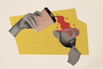 Composite artwork collage image picture of arm pour coffee head minded guy isolated on creative background