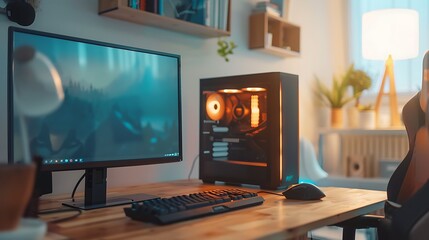 Minimalist Gaming Setup with Clean Design on Wooden Desk and White Walls, Focused on PC with Soft RGB Lights in Daylight