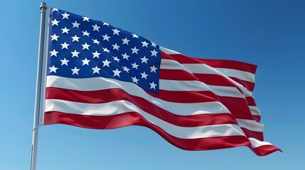 Waving American Flag against Blue Sky Background