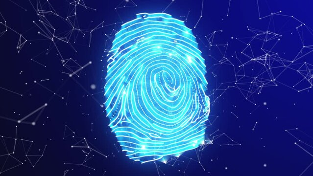 Human identification, criminology, criminal law, fingerprint pattern of a human finger with digital elements and particles rotating in space