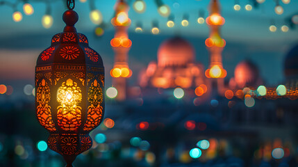 Original traditional ornate oriental lantern with beautiful bokeh of holiday lights and mosque in background