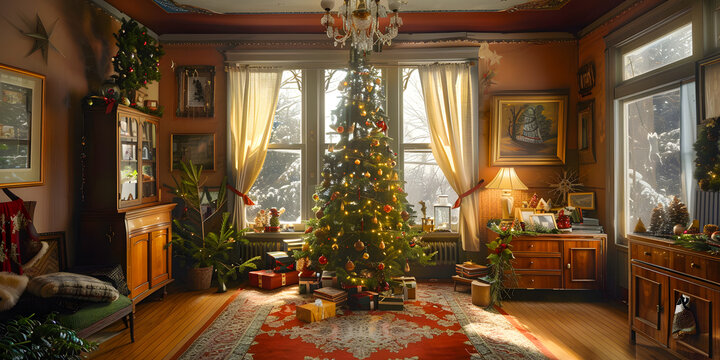 Casa comoda y caliente en navidad con un pino en medio luces y regalos por la festividad 
