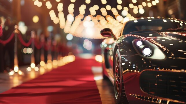 Develop a scene of a luxury car at an exclusive event, with a red carpet and elegant surroundings, highlighting prestige and high status.