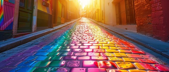 Rainbow cobblestone street leading towards a bright, sunny, and hopeful future.