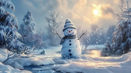 Fototapeta premium Snow-covered, dreamlike foggy winter wonderland with snow-covered ground and a funny snowman 