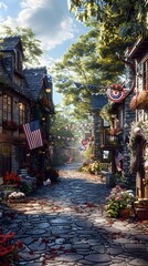 Fototapeta premium Vibrant Fourth of July Decor Adorning Homes and Streets with Patriotic Flair