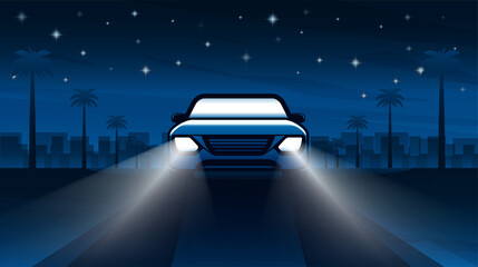 Illustration of car on palm street cityscape background