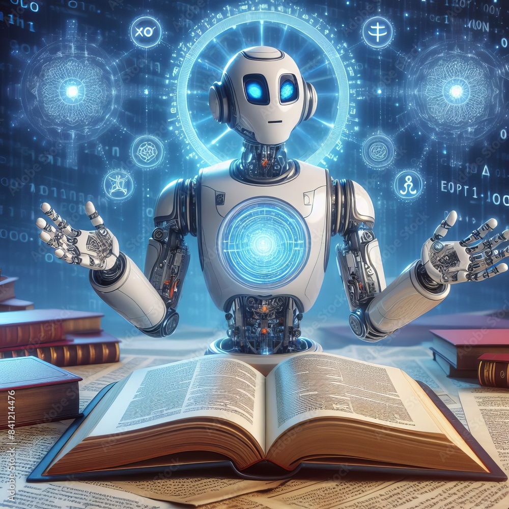 Poster a robot delves into ancient books surrounded by glowing symbols and scientific diagrams, emphasizing