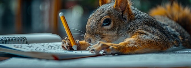 Squirrel writing with a pencil on a notebook.