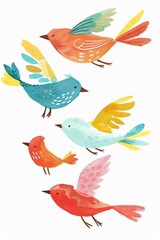 Fototapeta premium Watercolor painting of five cute birds flying in a line formation