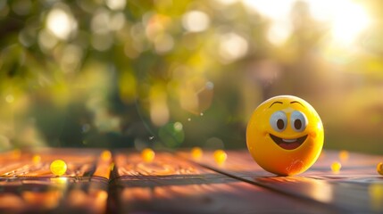 Joyful Emoticon Basking in Sunlight. A single, cheerful emoticon basks in the warm, golden sunlight, set against a verdant, blurred background