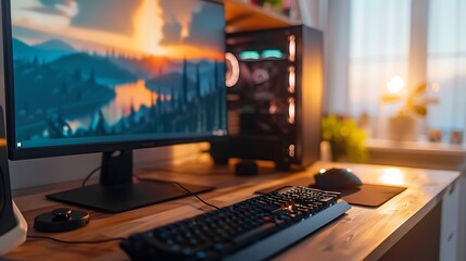 Naklejka premium Minimalist Gaming Setup on Wooden Desk with Clean White Walls - Focus on PC with RGB Lights