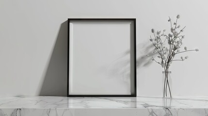 Minimalist Black Metal Frame on Marble Countertop | Photo frame mockup