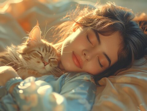woman wearing sleeping soundly in a sunlit bedroom. cat curls up on her chest, purring contentedly.