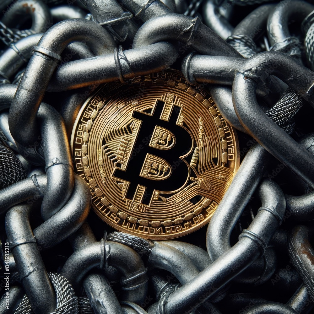 Poster a detailed image of a bitcoin coin wrapped in strong metal chains, representing the concept of finan