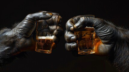 Two gorilla hands clink beer glasses in a toast, isolated against a black background.