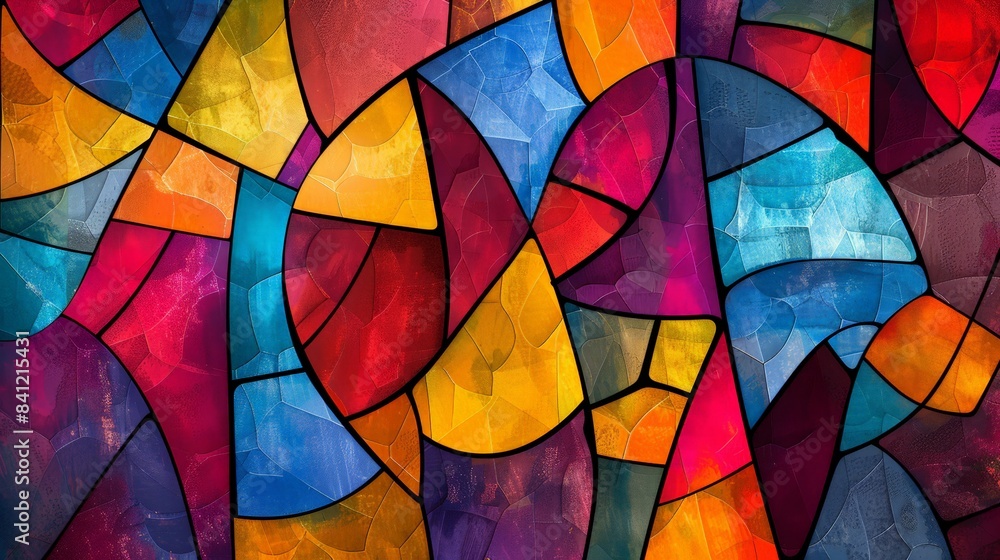 Poster develop an abstract background inspired by stained glass, using colorful, fragmented shapes and bold
