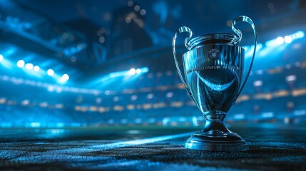 Champions League Trophy Illuminated. The prestigious Champions League trophy illuminated under spotlight on a stadium field, symbolizing victory and excellence in football.
