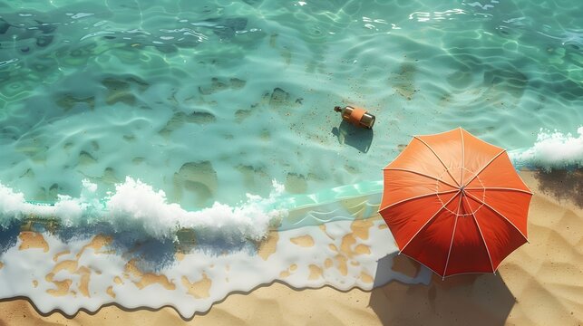 Serene Beach Umbrella with Message in Bottle Overlooking Tranquil Ocean Waves   A peaceful scene of a red and white striped beach umbrella standing on a sandy beach