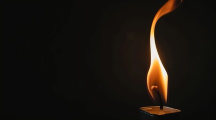 A single, minimalist flame burns brightly against a stark black background, evoking a sense of mystery and simplicity.