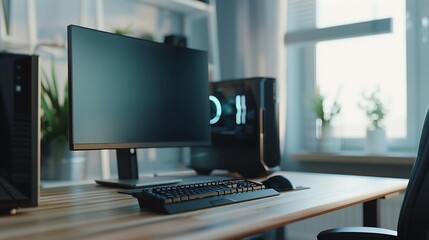 Naklejka premium Minimalist Gaming Setup on Wooden Desk with Clean White Walls, Focal Point on Gaming PC, Blurred RGB Lights, Daylight Aesthetic