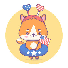 Playful patriotic cat with rubber circle and American flag. Funny holiday Independence Day cartoon kawaii character. Beach or pool party. Vector illustration