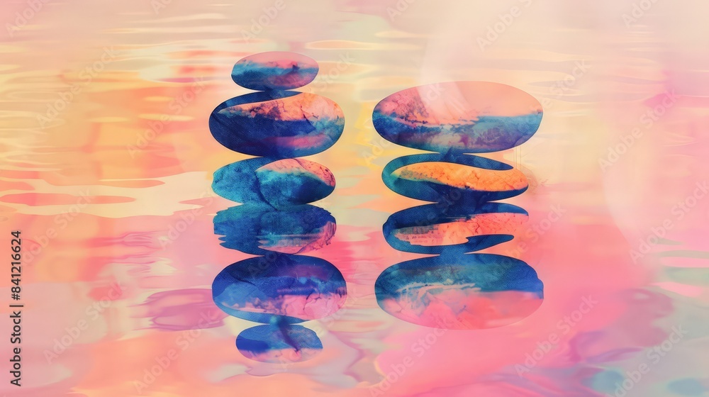 Poster develop an abstract composition that symbolizes balance and harmony, with symmetrical forms and a so