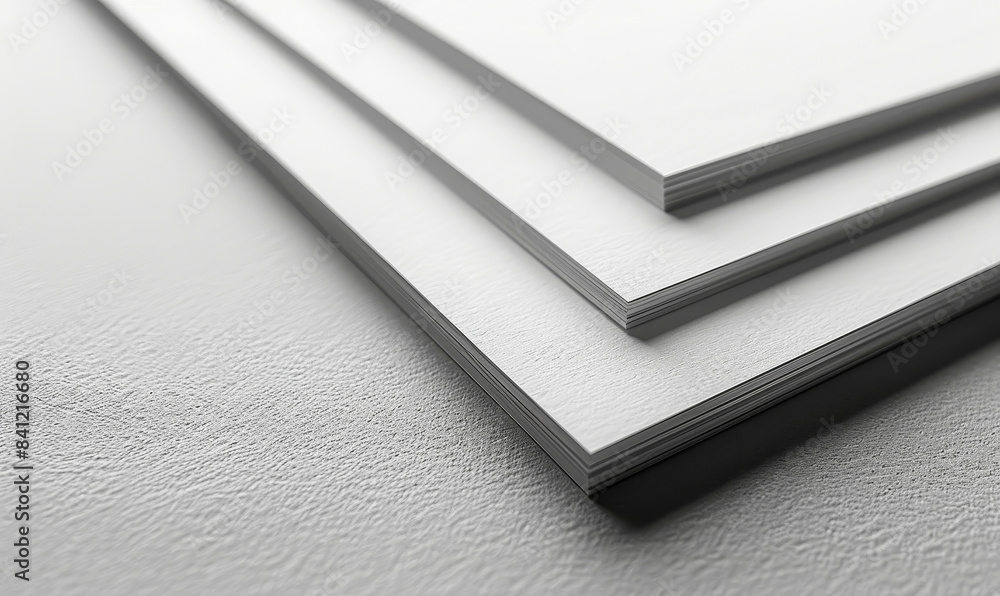 Poster close-up stack of blank brochure paper sheets on grey textured background - mock-up for business sta