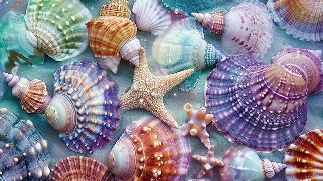 Illustration of colorful seashells on the beach