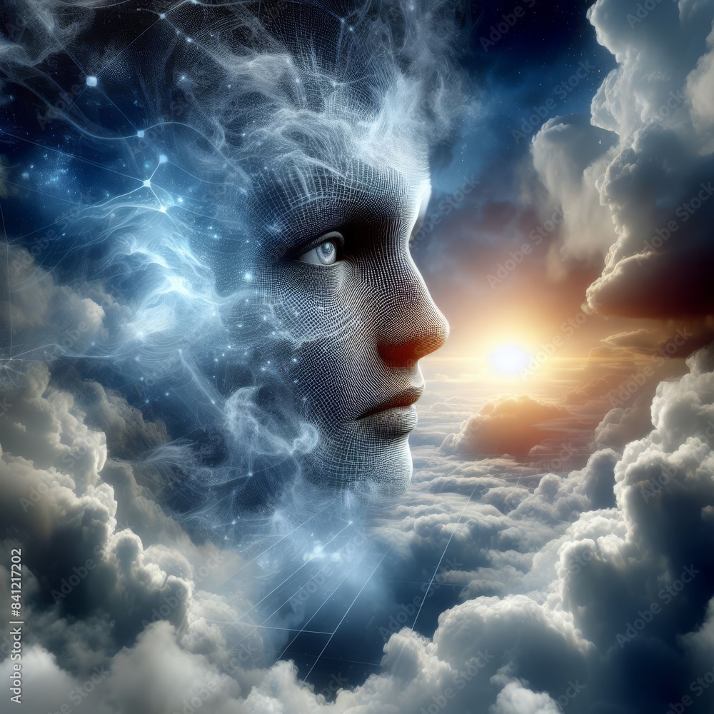 Poster a digital face appears among clouds, surrounded by sunlight and stars. this surreal image captures t