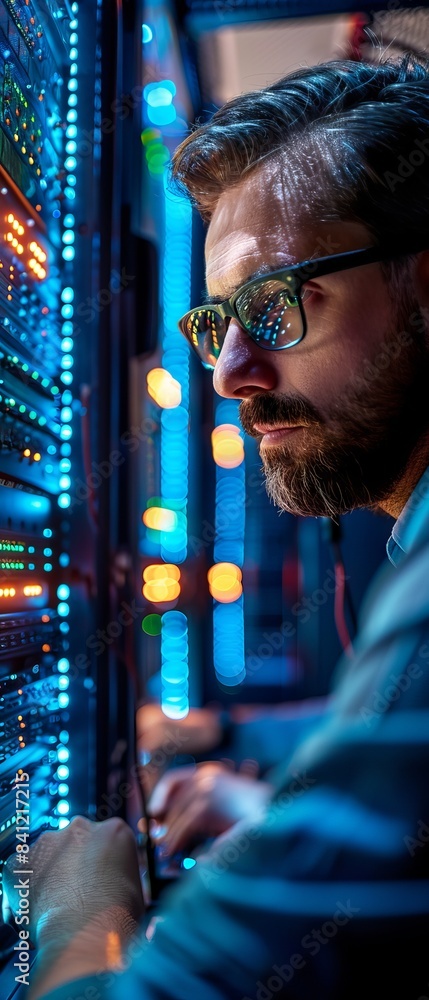 Poster man working on server hardware in data center, focused on task with glowing lights around, represent