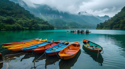 Rowboats moored in lake against mountains range
