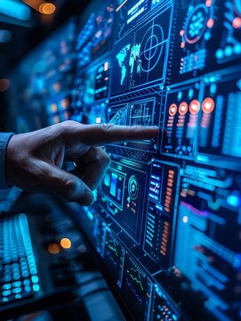 Person analyzing data on futuristic digital screens, illustrating the concept of modern technology and data visualization.