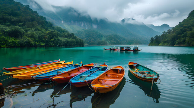 Rowboats moored in lake against mountains range