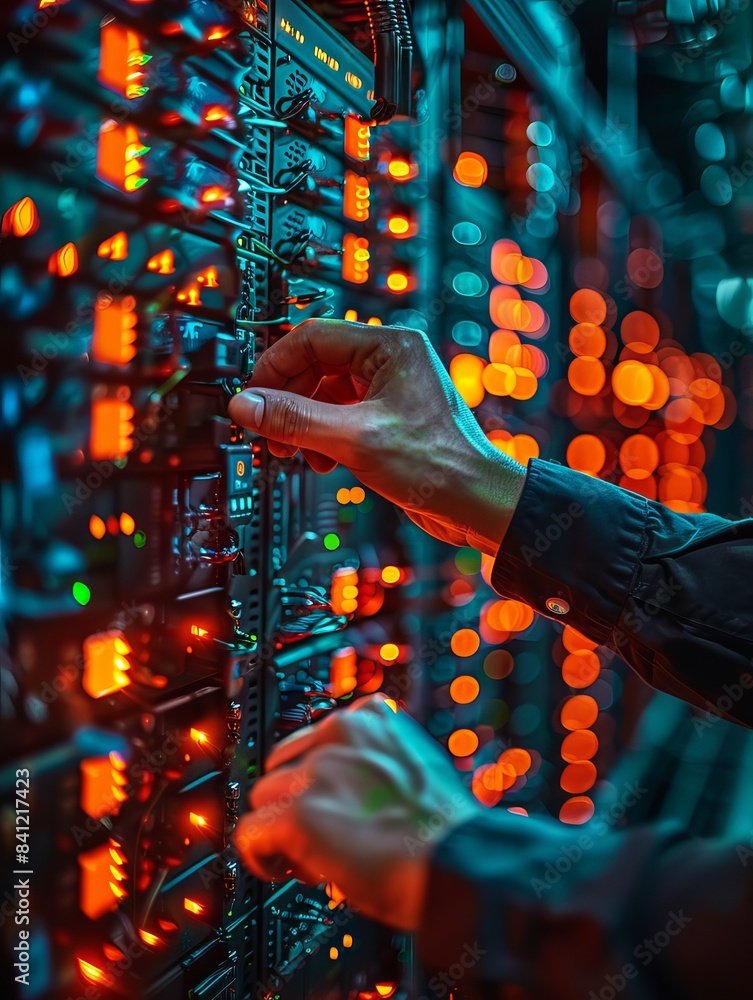 Poster technician working on server, adjusting network equipment in data center with glowing lights. concep