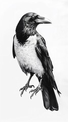 Fototapeta premium Black and white pencil drawing of a hooded crow perched on a white background