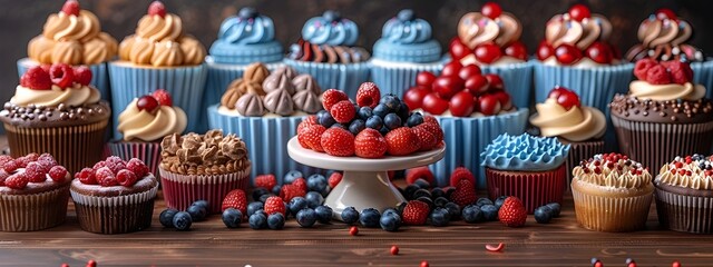 Naklejka premium Patriotic Desserts Display A festive assortment of red white and blue cupcakes berries and other sweet treats arranged on a table perfect for 4th of July and summer party