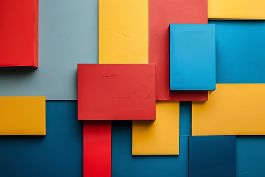 bold primary color blocks with geometric patterns flat design side view, modern theme, animation, Triadic Color Scheme.