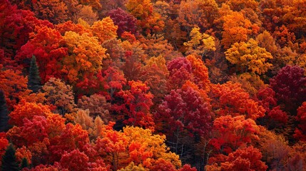 Develop an aerial view of a dense forest in autumn, showcasing the stunning array of red, orange, and yellow foliage, creating a rich tapestry of colors from above.