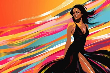 Woman in black dress poses against colorful background in CG artwork