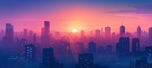 Fototapeta premium cityscape at dawn flat design front view, metropolitan theme, animation, vivid.